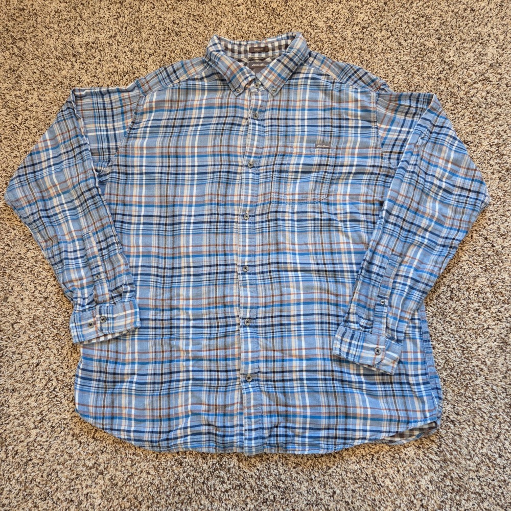 Eddie Bauer Button Down Shirt Mens 2XLT Blue Plaid Cotton Classic Fit Long Sleev